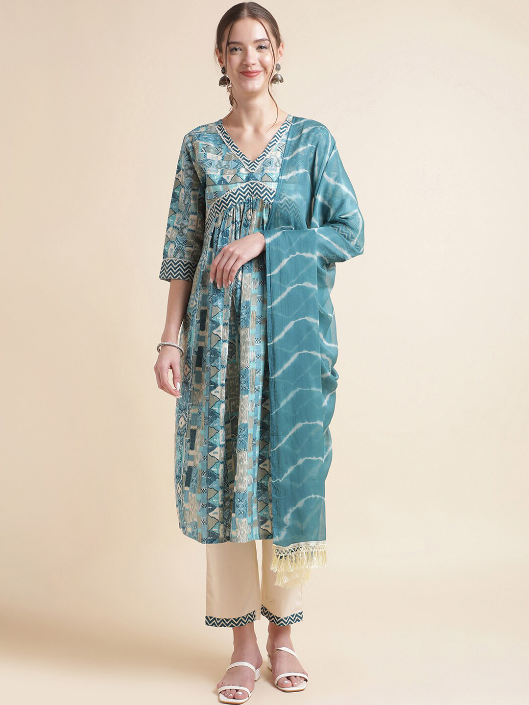 

NAINVISH Abstract Printed Empire Thread Work Kurta with Trousers & Dupatta, Blue
