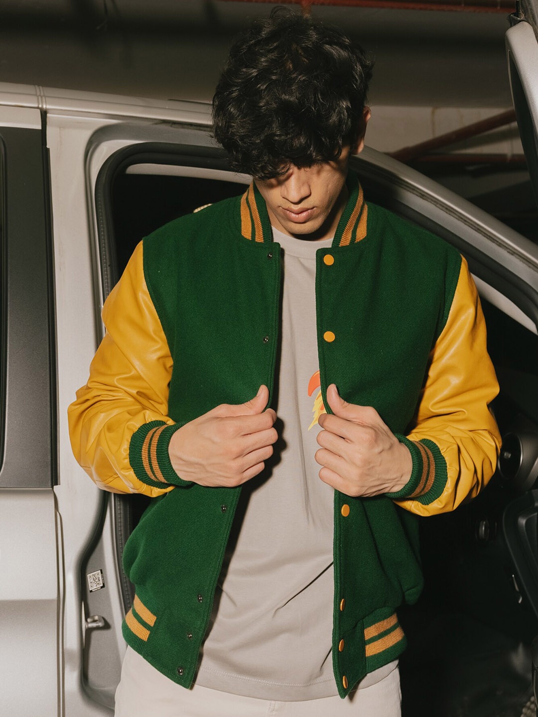 

FREAKINS Green Mock Collar Varsity Jacket