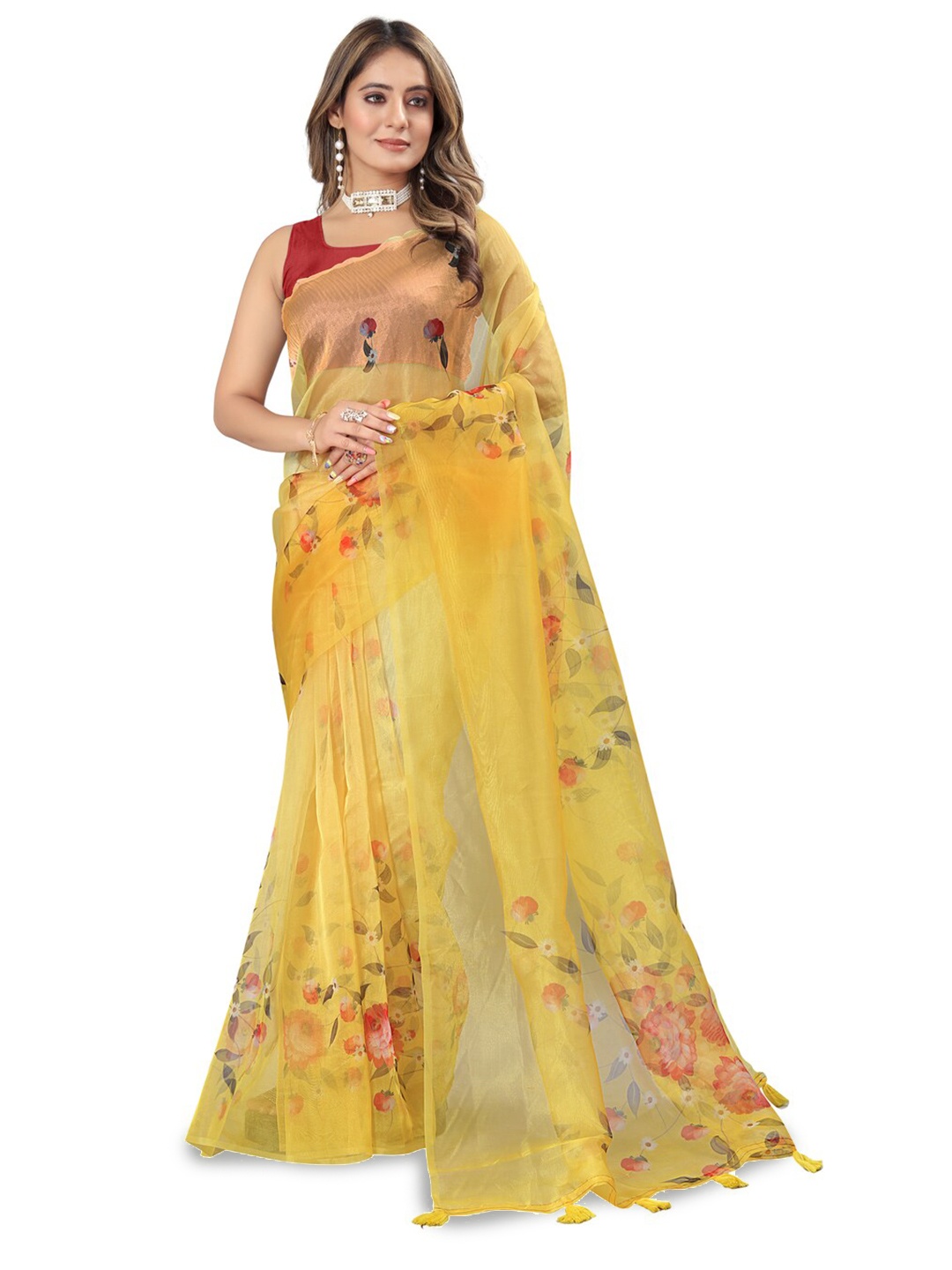 

Inithi Floral Printed Organza Saree, Yellow