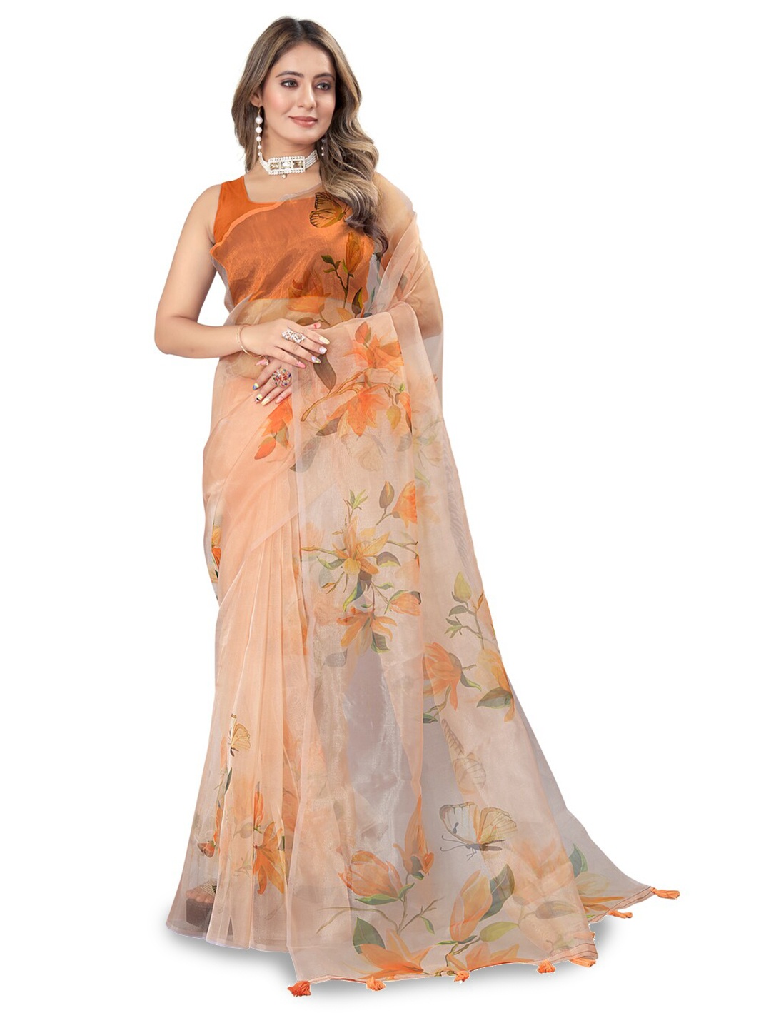 

Inithi Floral Printed Organza Saree, Orange