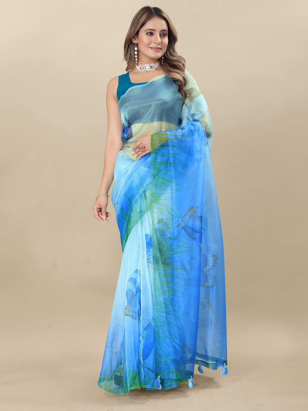 

Inithi Floral Printed Organza Saree, Blue