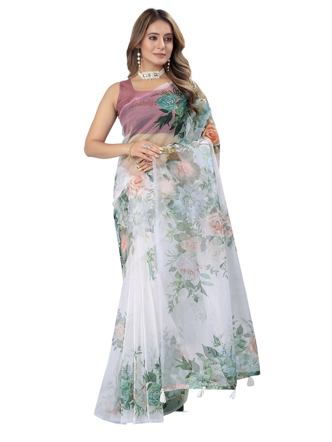 

Inithi Floral Printed Organza Saree, White