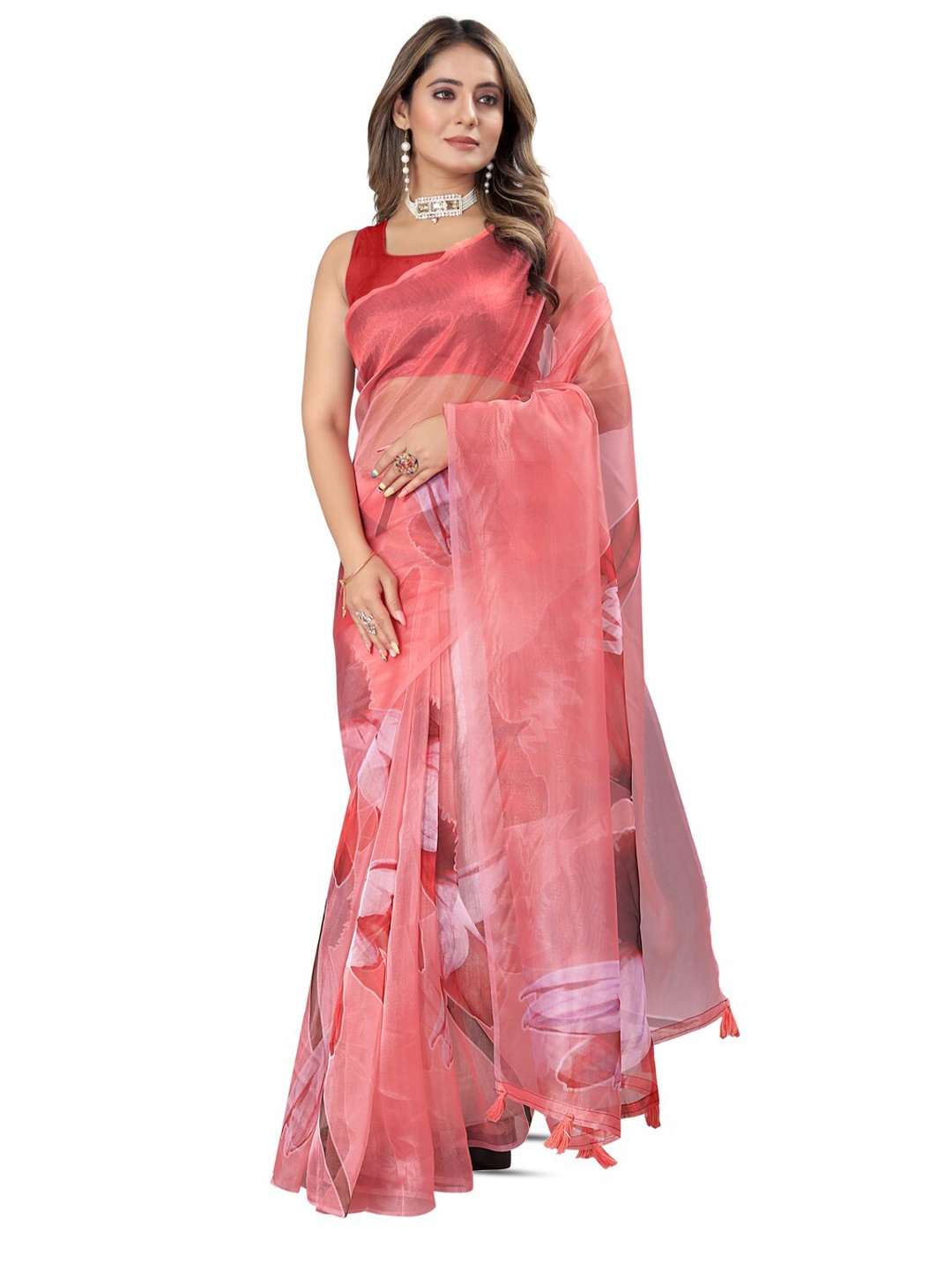 

Inithi Floral Printed Organza Saree, Red