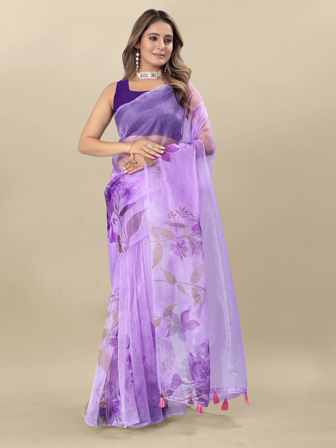 

Inithi Floral Printed Organza Saree, Purple