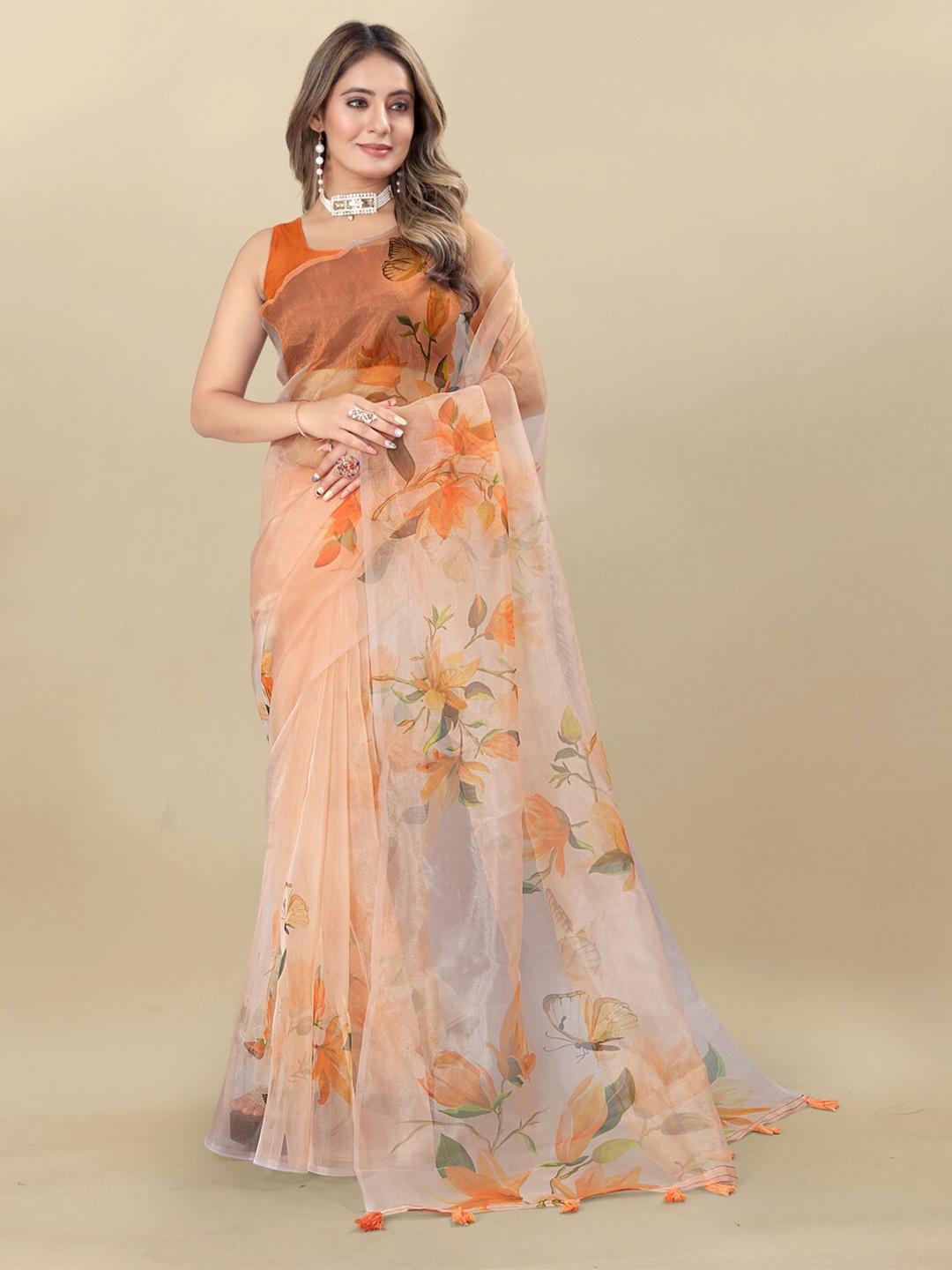 

Inithi Floral Printed Organza Saree, Orange