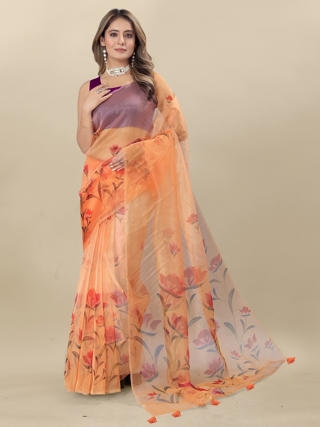 

Inithi Floral Printed Organza Saree, Orange