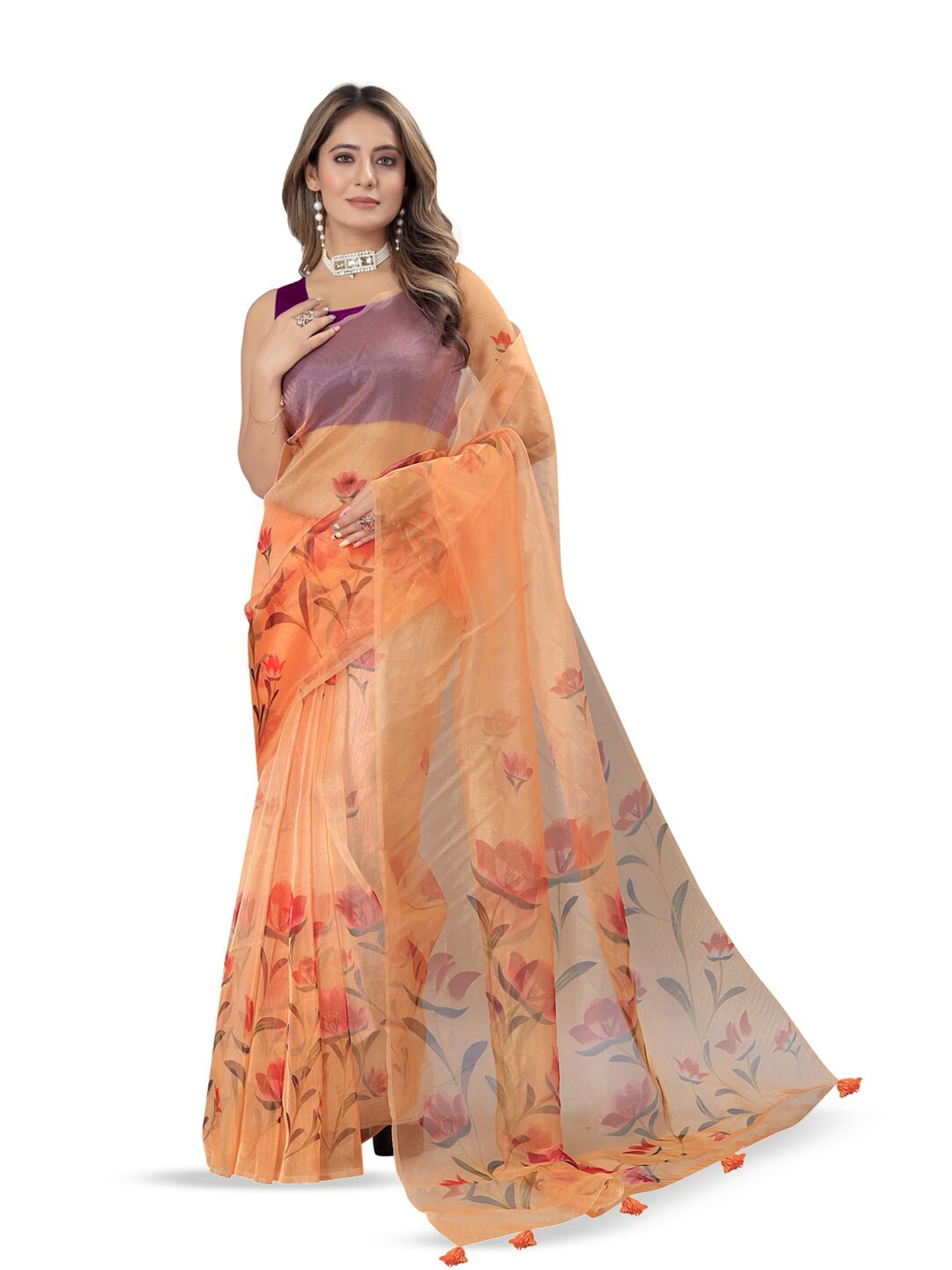 

Inithi Floral Printed Organza Saree, Orange