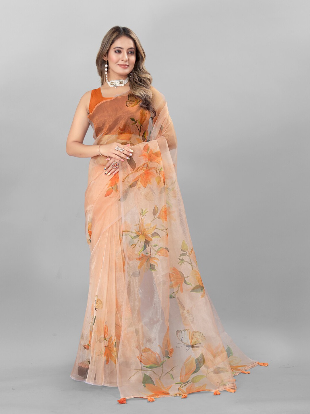 

Inithi Floral Printed Organza Saree, Orange