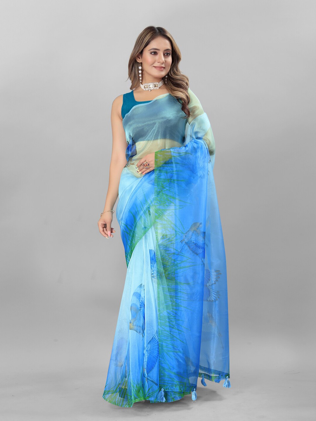 

Inithi Floral Printed Organza Saree, Blue