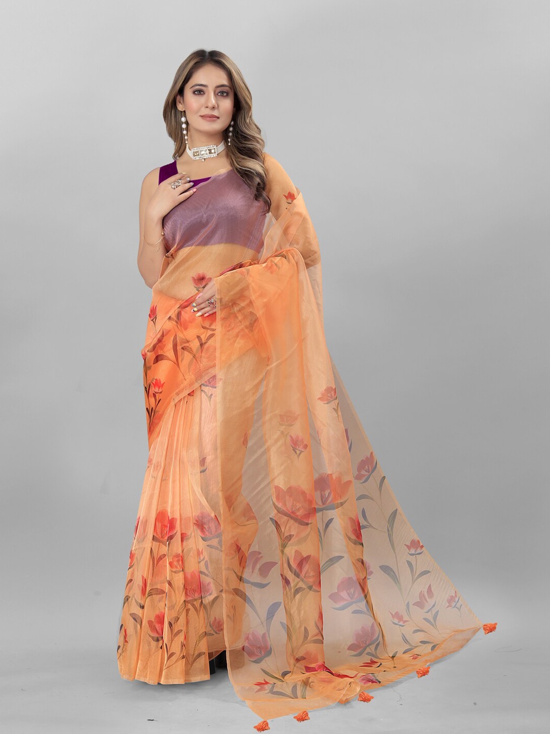 

Inithi Floral Printed Organza Saree, Orange