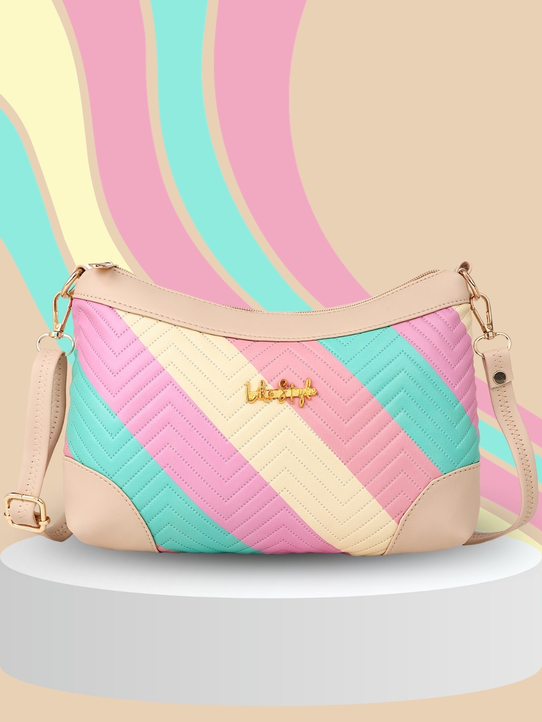 

LIKE STYLE Colourblocked Shopper Sling Bag, Beige