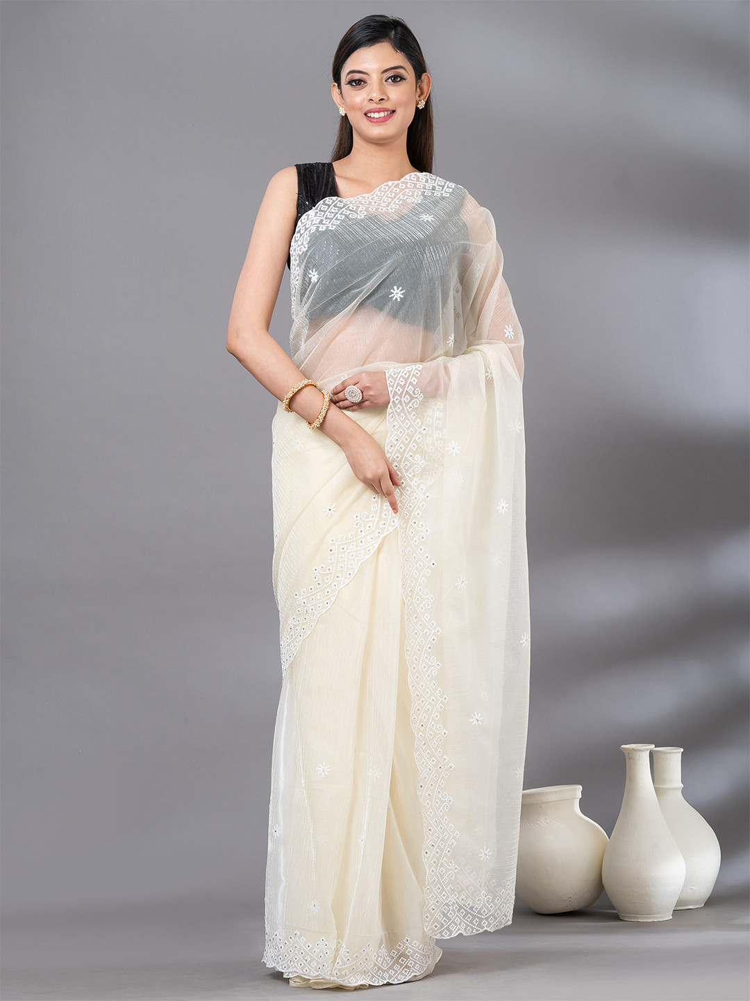 

MAHALASA Ethnic Motifs Embroidered Tissue Saree, Cream