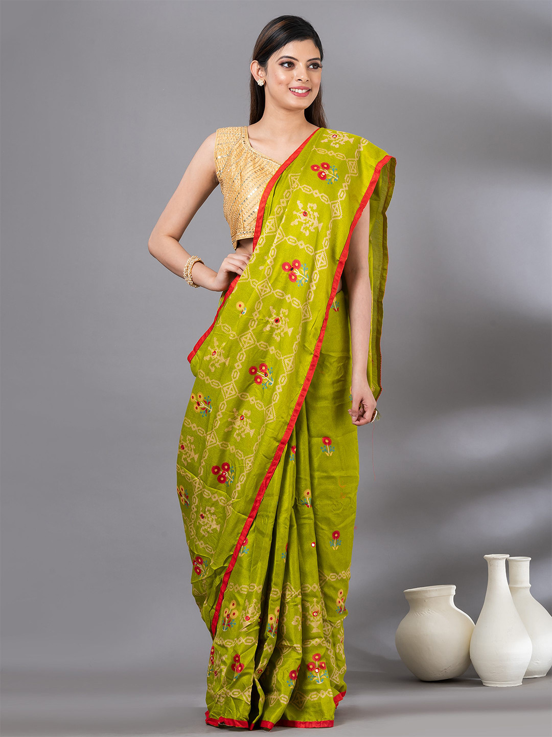 

MAHALASA Floral Woven Design Mirror Work Jute Cotton Saree, Green