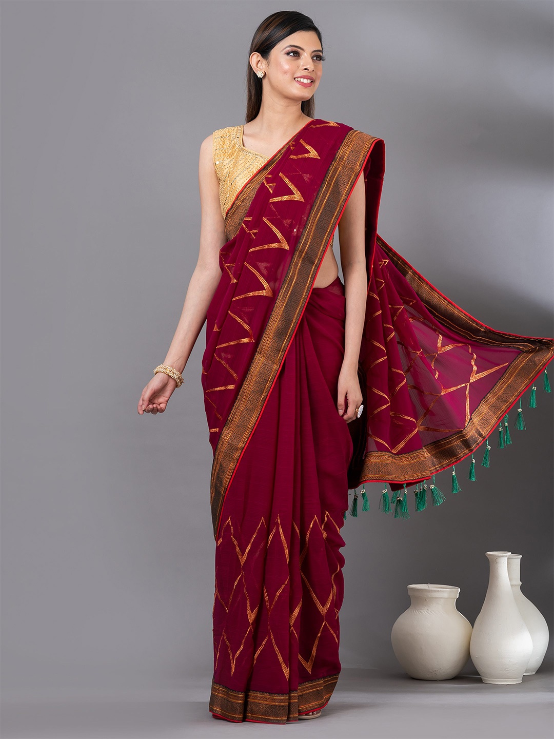 

MAHALASA Geometric Printed Woven Design Embroidered Poly Chiffon Saree, Magenta
