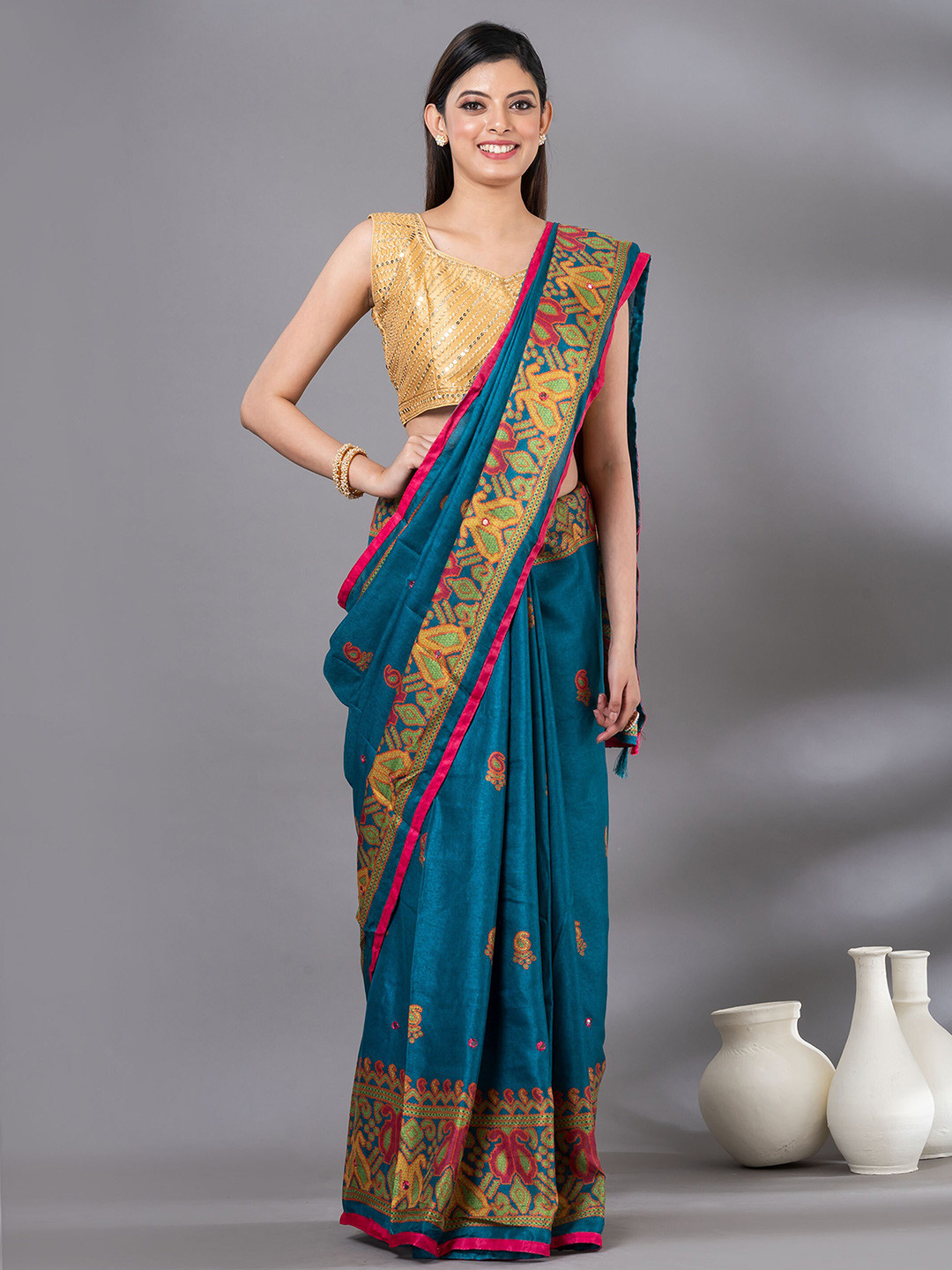 

MAHALASA Paisley Printed Mirror Work Jute Cotton Saree, Sea green
