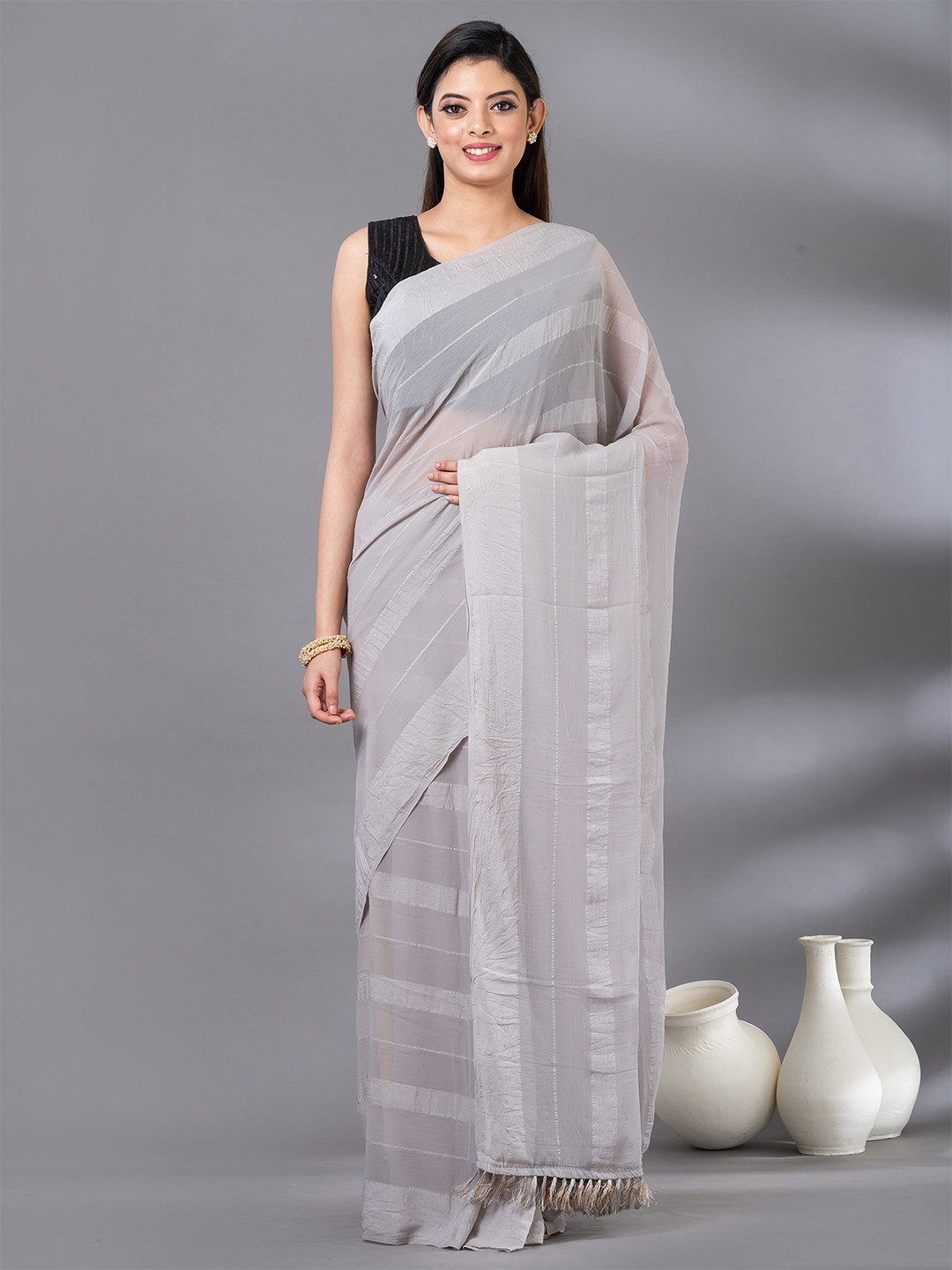 

MAHALASA Striped Embroidered Poly Chiffon Saree, Grey