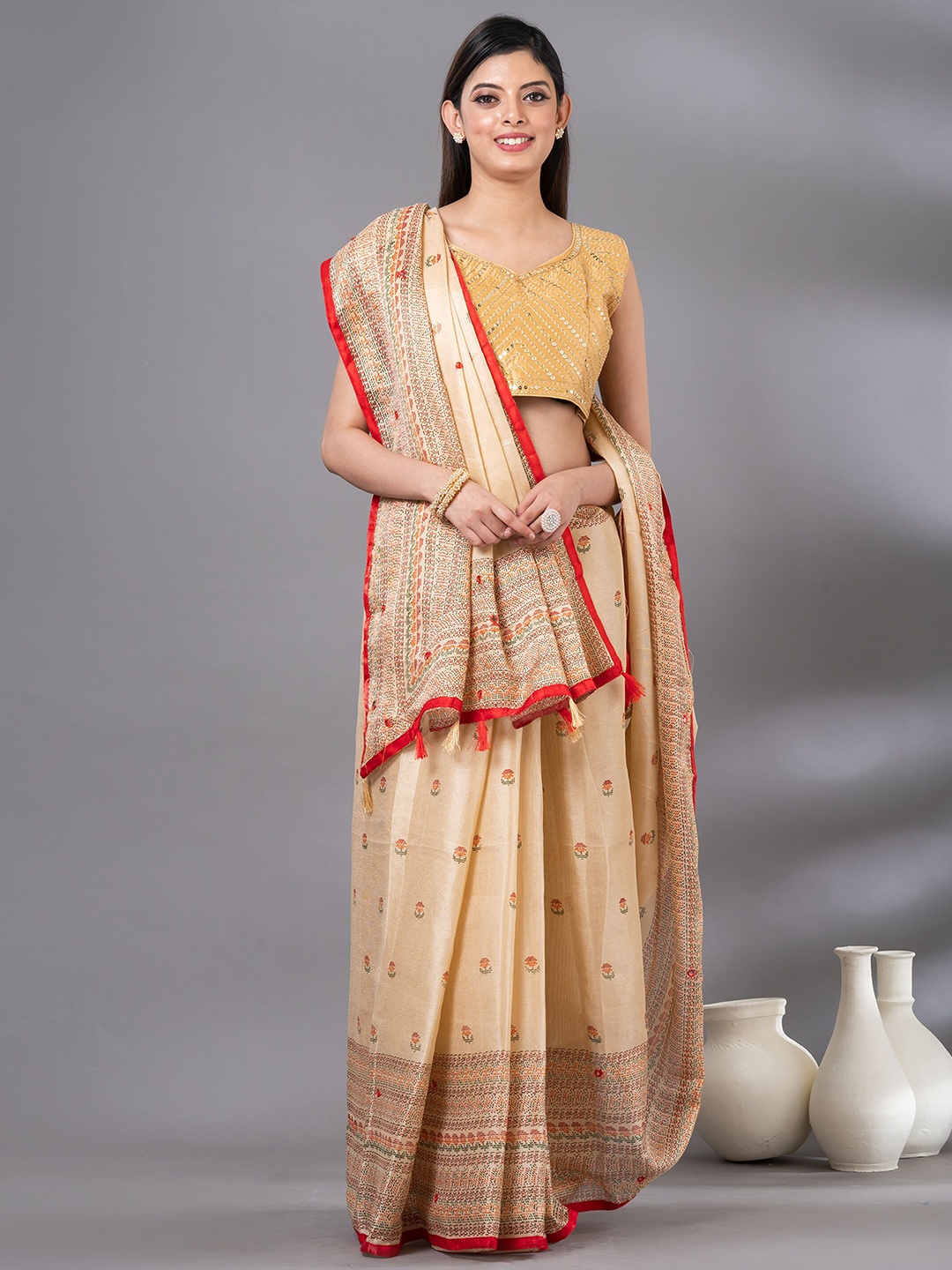 

MAHALASA Floral Printed Mirror Work Jute Cotton Saree, Cream