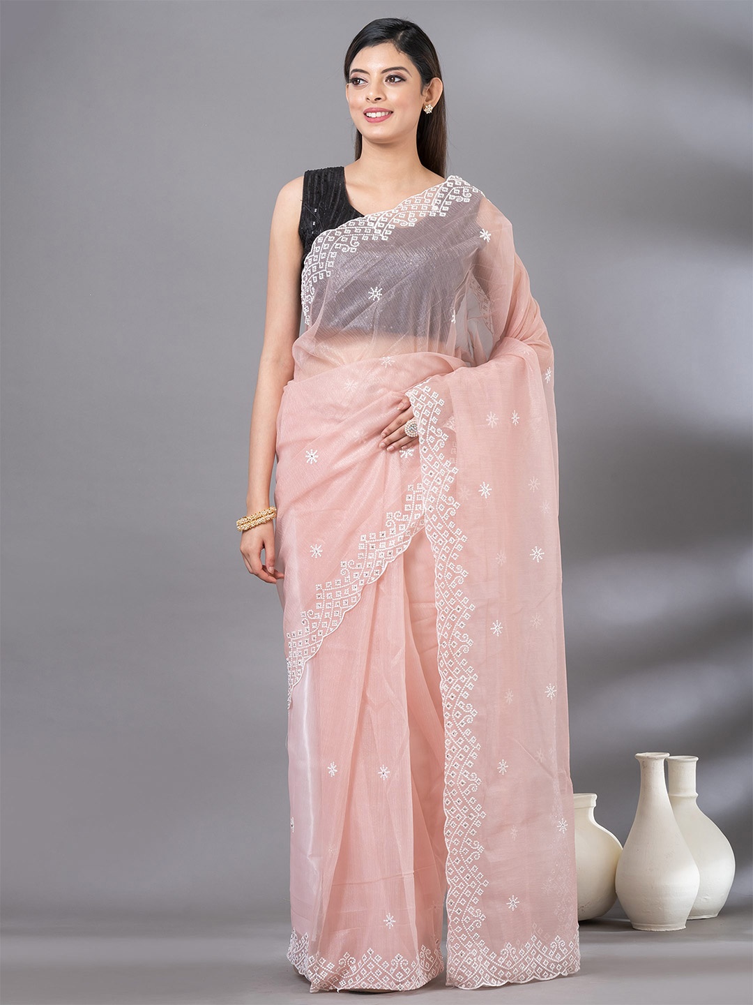 

MAHALASA Ethnic Motifs Embroidered Tissue Saree, Peach