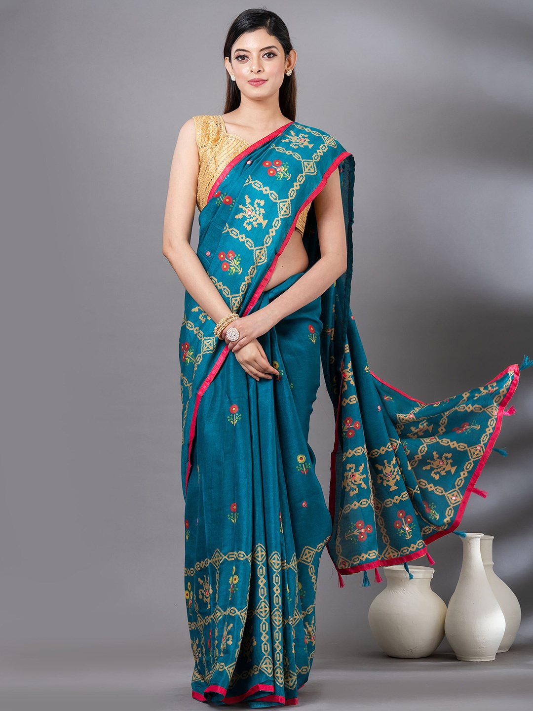 MAHALASA Floral Embroidered Jute Cotton Saree, Teal