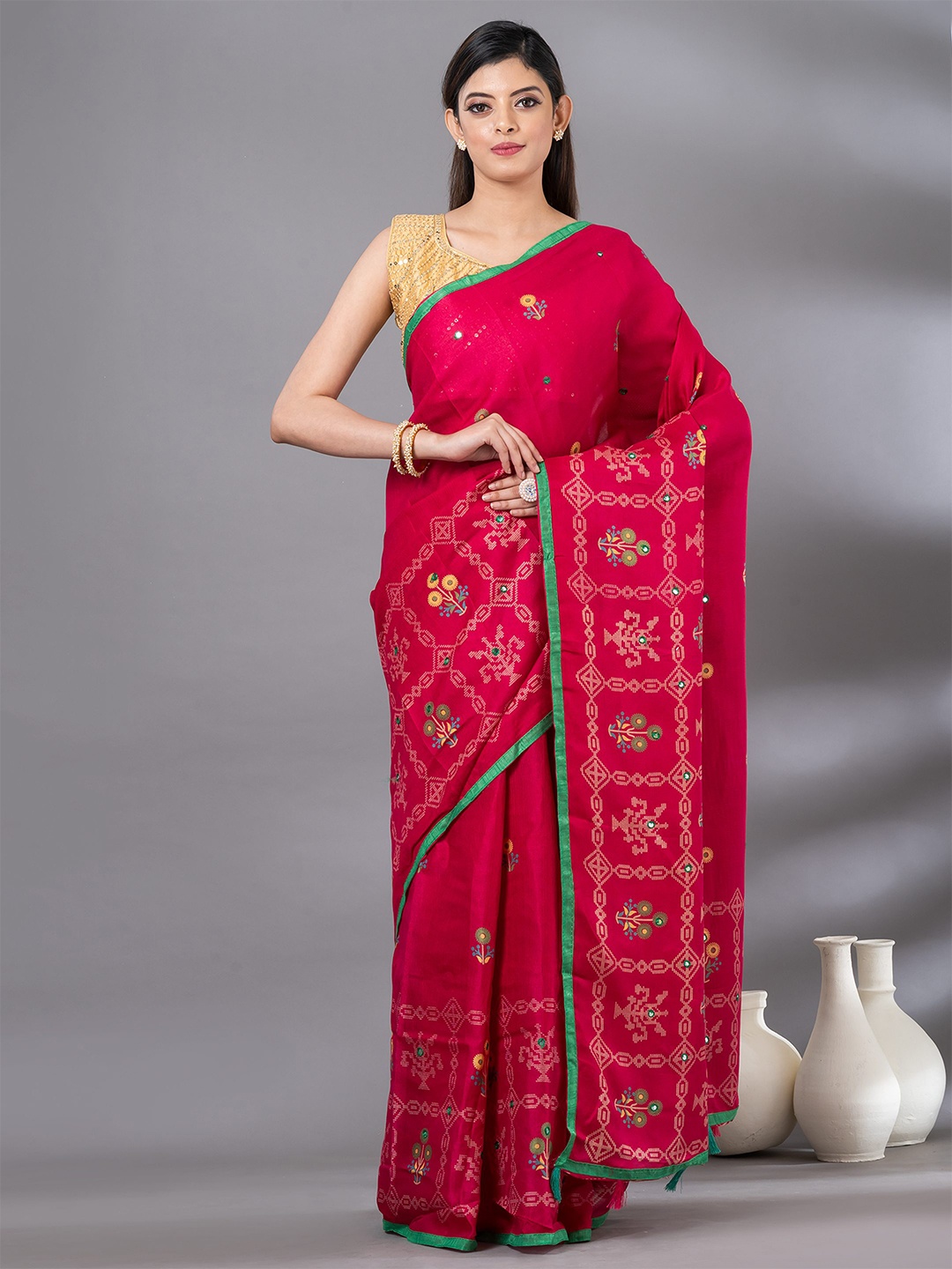 

MAHALASA Floral Embroidered Jute Cotton Saree, Maroon