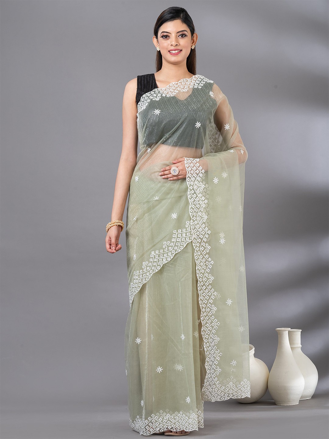 

MAHALASA Ethnic Motifs Embroidered Tissue Saree, Sea green