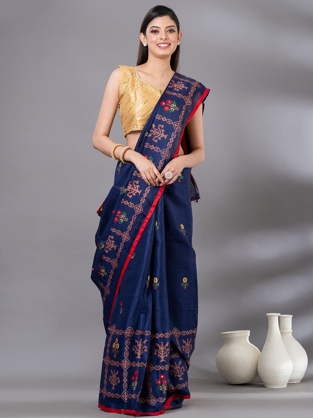 

MAHALASA Floral Printed Embroidered Jute Cotton Saree, Navy blue