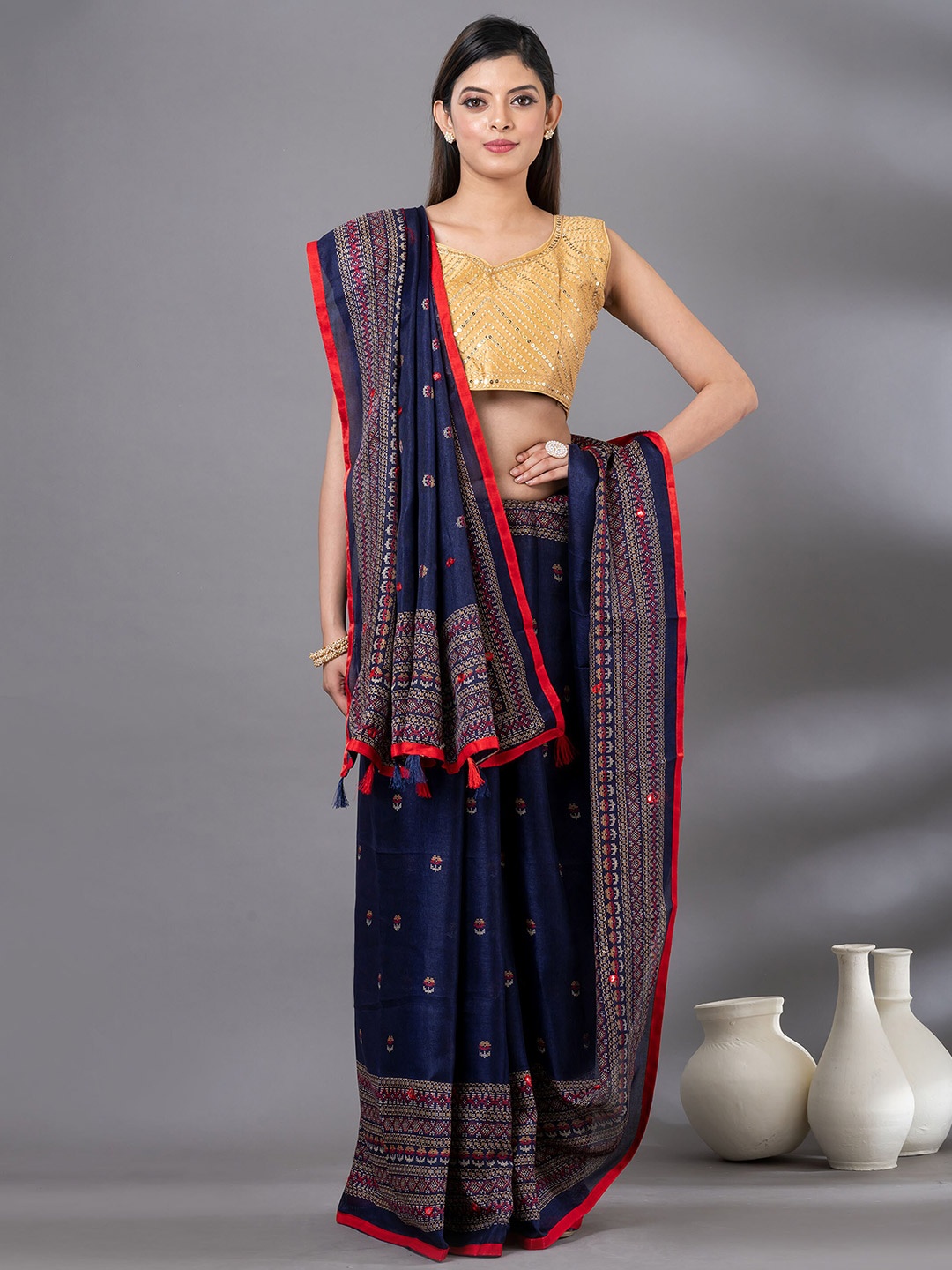 

MAHALASA Floral Printed Mirror Work Jute Cotton Saree, Navy blue