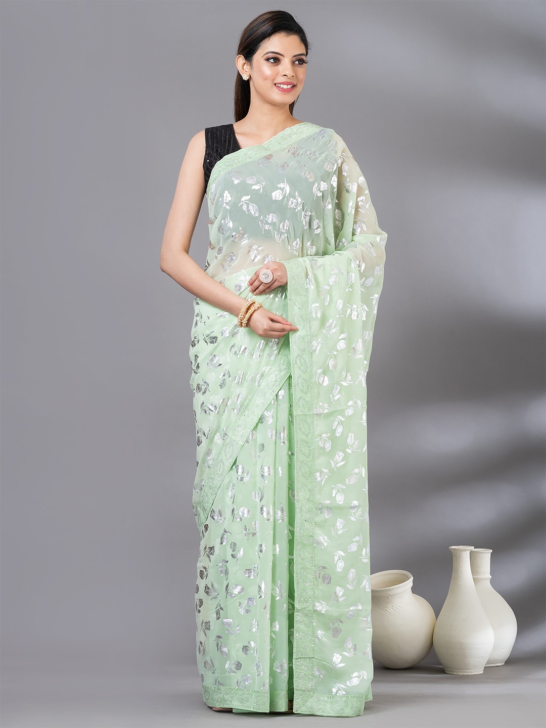 

MAHALASA Ethnic Motifs Embroidered Pure Chiffon Saree, Lime green