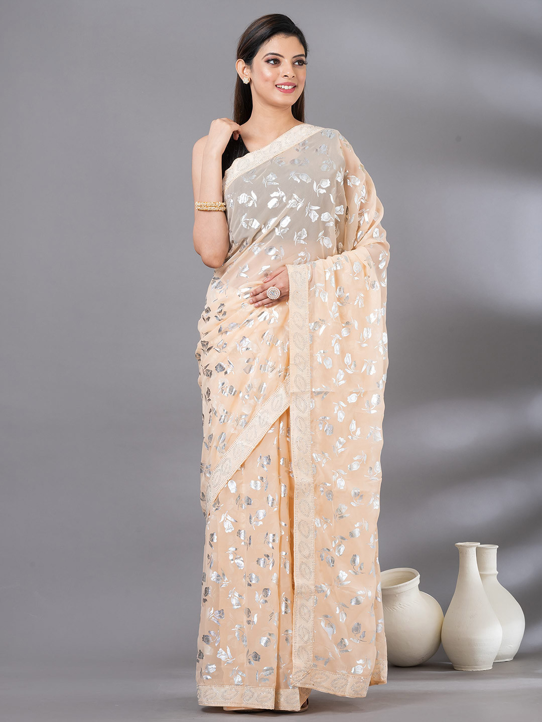 

MAHALASA Floral Printed Beads and Stones Pure Chiffon Saree, Cream