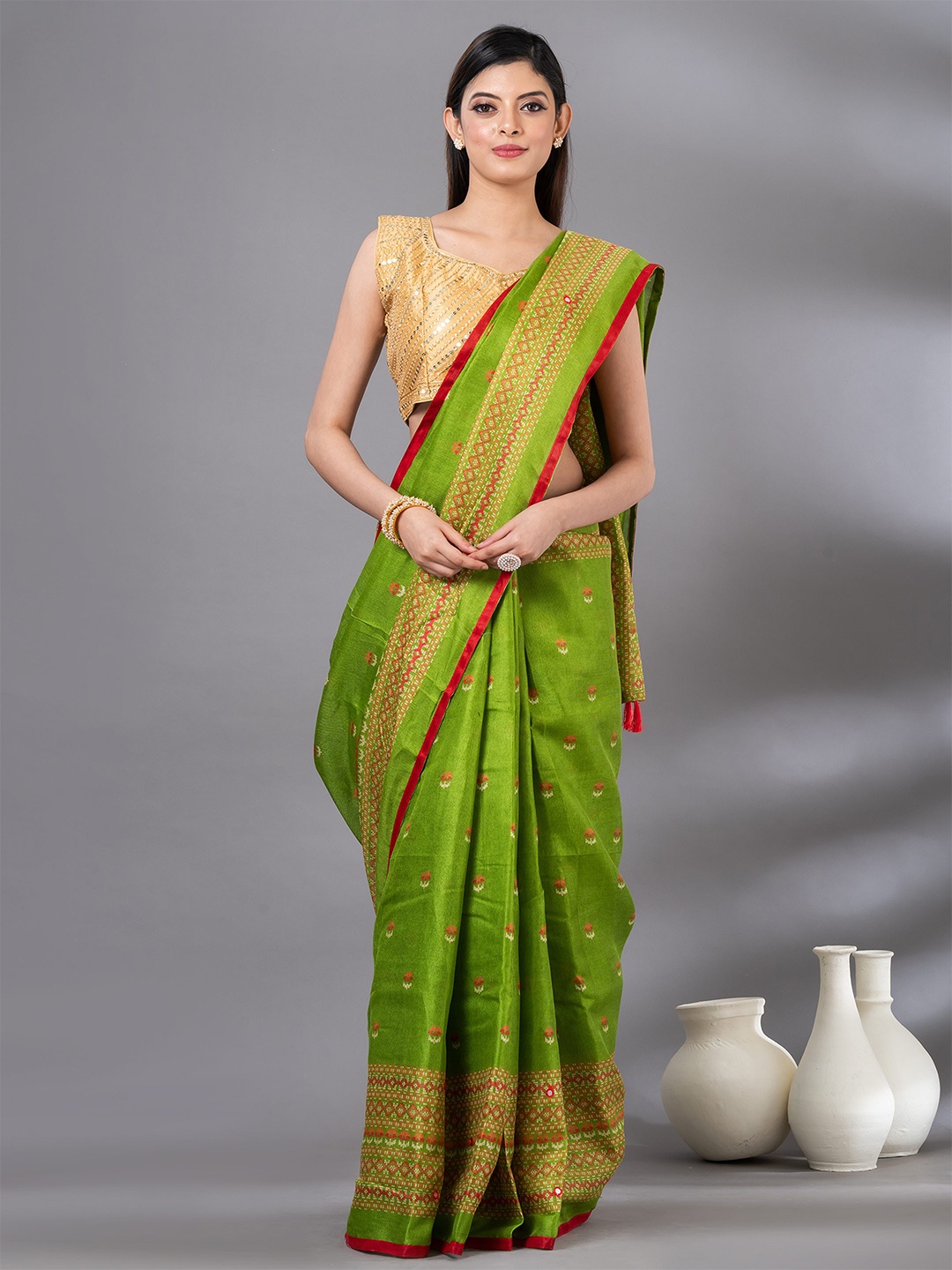 MAHALASA Floral Embroidered Jute Cotton Saree, Olive
