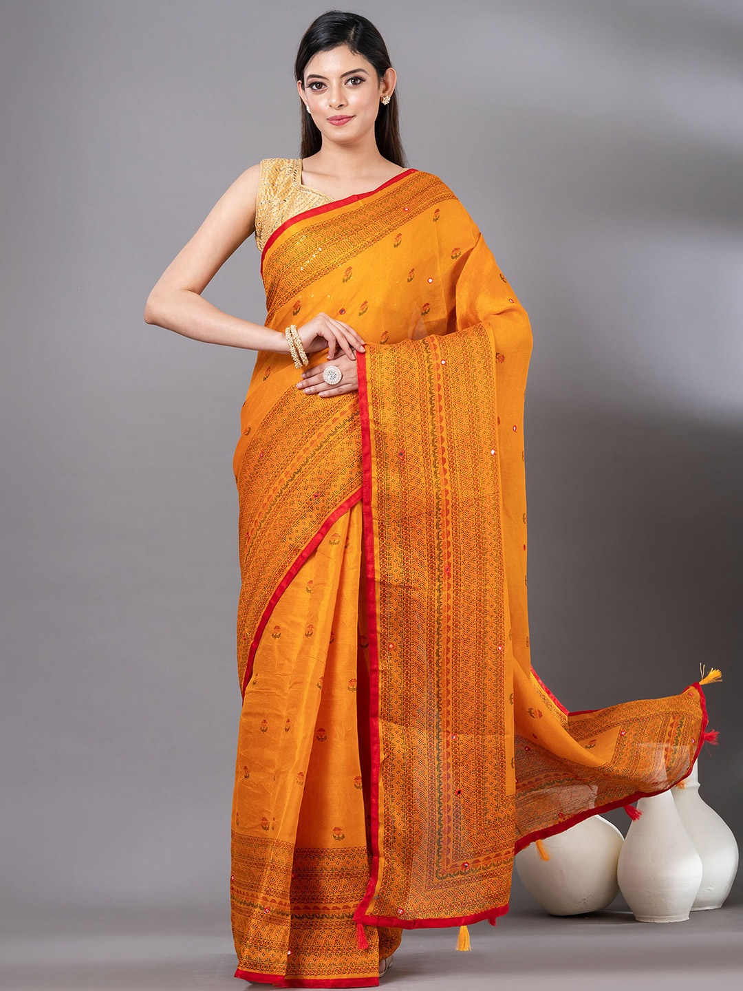 

MAHALASA Floral Printed Mirror Work Jute Cotton Saree, Yellow