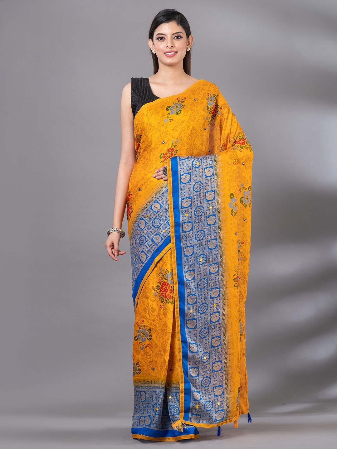 MAHALASA Floral Printed Jute Cotton Saree, Yellow