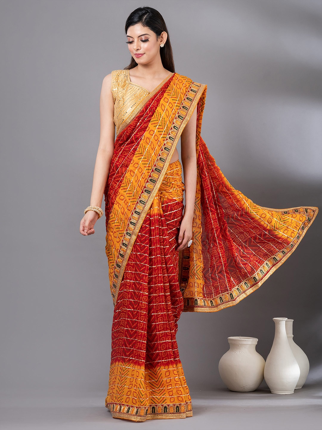 

MAHALASA Bandhani Printed Embroidered Art Silk Saree, Yellow