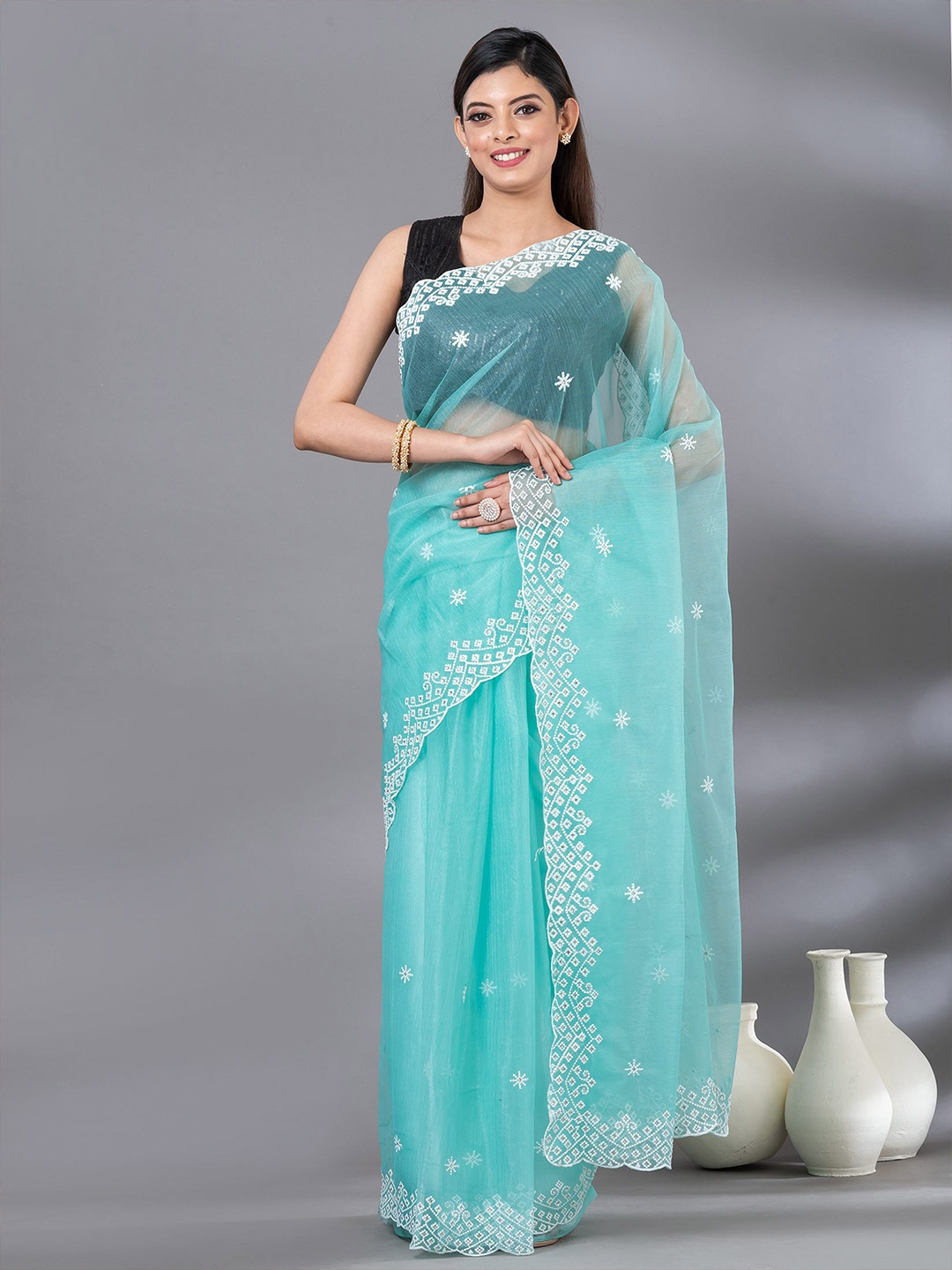 

MAHALASA Ethnic Motifs Embroidered Tissue Saree, Turquoise blue