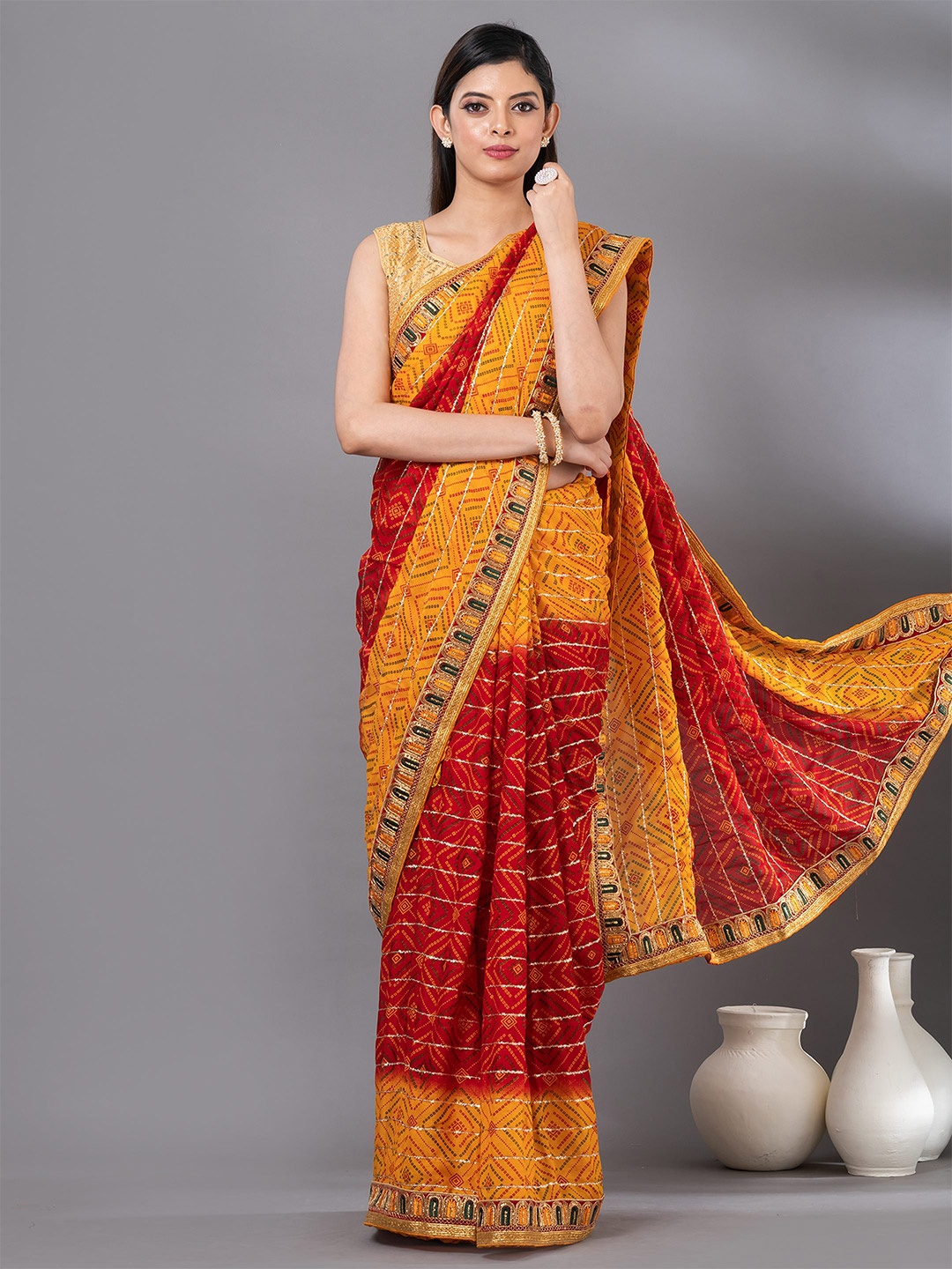 

MAHALASA Bandhani Embroidered Art Silk Saree, Red