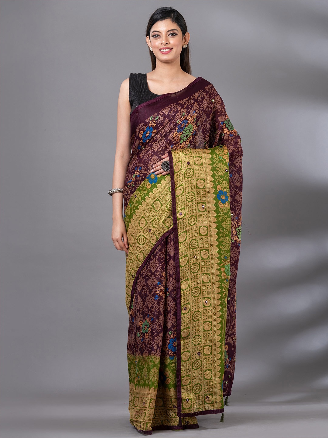 

MAHALASA Floral Printed Mirror Work Jute Cotton Saree, Purple