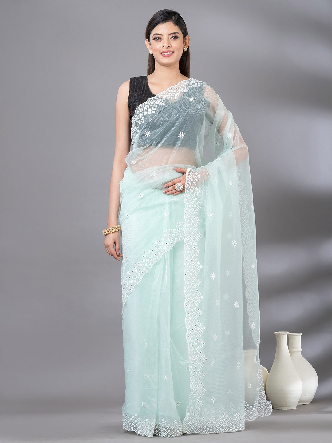 

MAHALASA Ethnic Motifs Embroidered Tissue Poly Chiffon Saree, Lime green