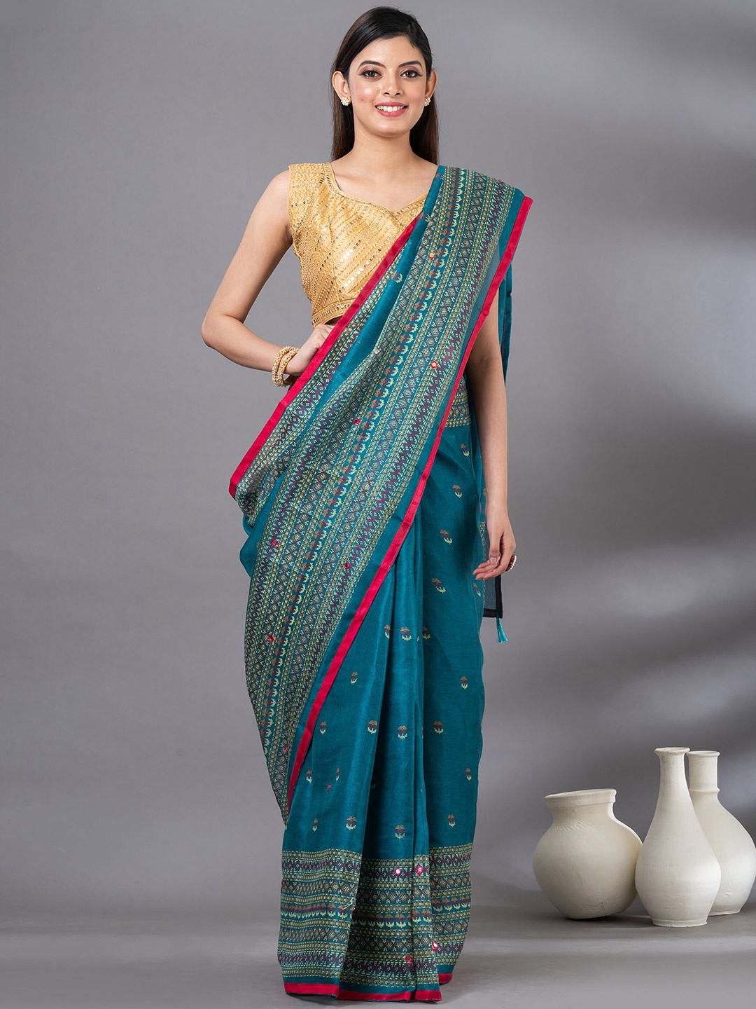 MAHALASA Geometric Embroidered Jute Cotton Saree, Sea green
