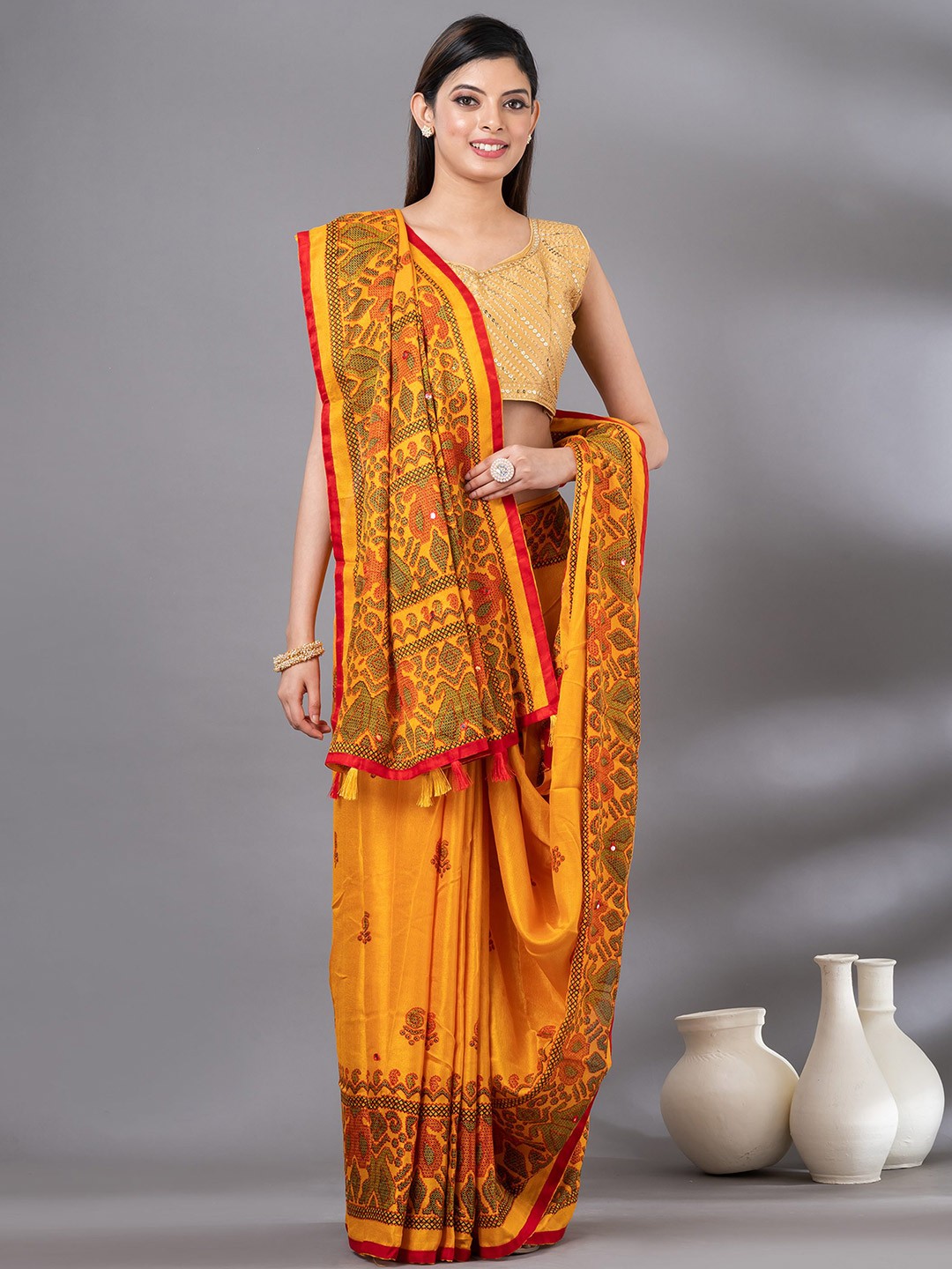 

MAHALASA Floral Mirror Work Jute Cotton Saree, Yellow