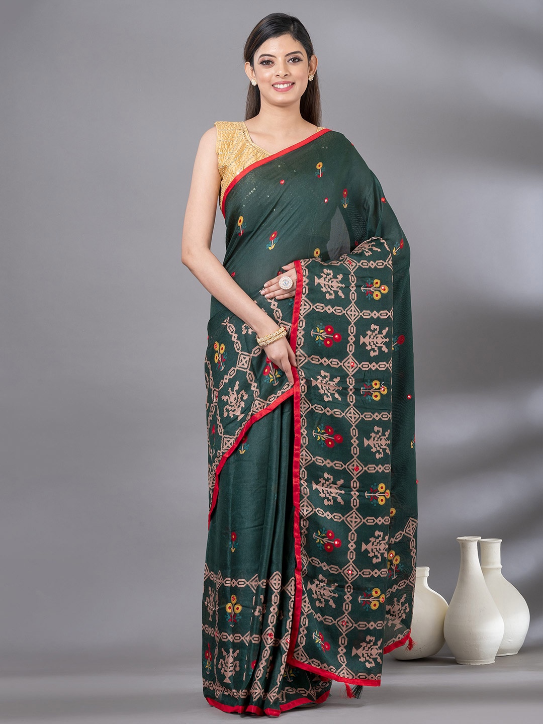 

MAHALASA Floral Printed Mirror Work Jute Cotton Saree, Olive