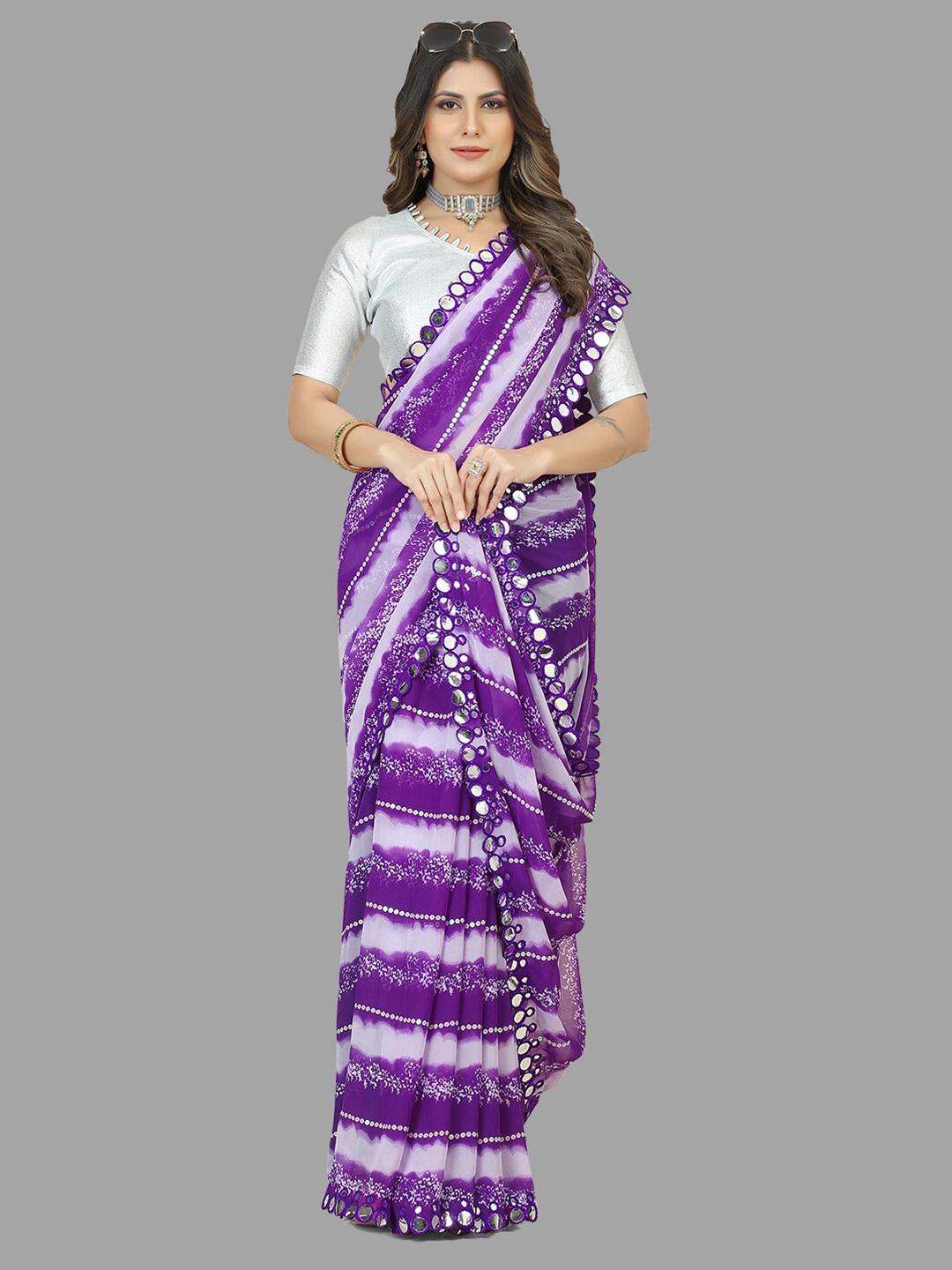 

B Bella Creation Leheriya Printed Mirror Work Pure Georgette Saree, Purple