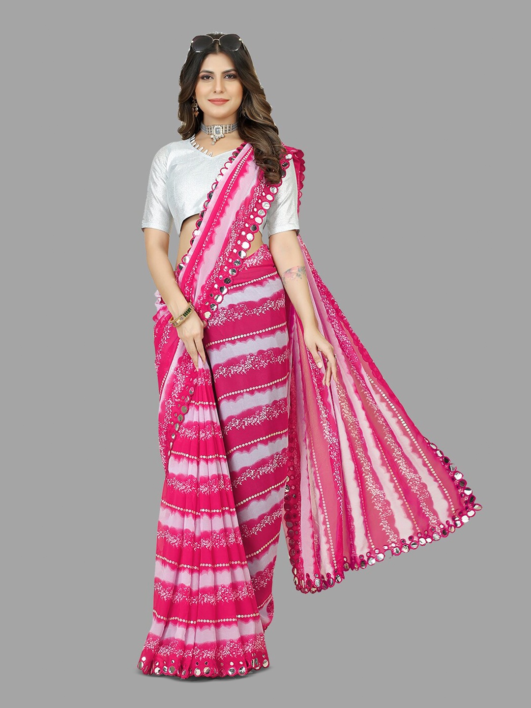 

B Bella Creation Pink & Silver-Toned Embellished Sequinned Pure Georgette Half and Half Saree