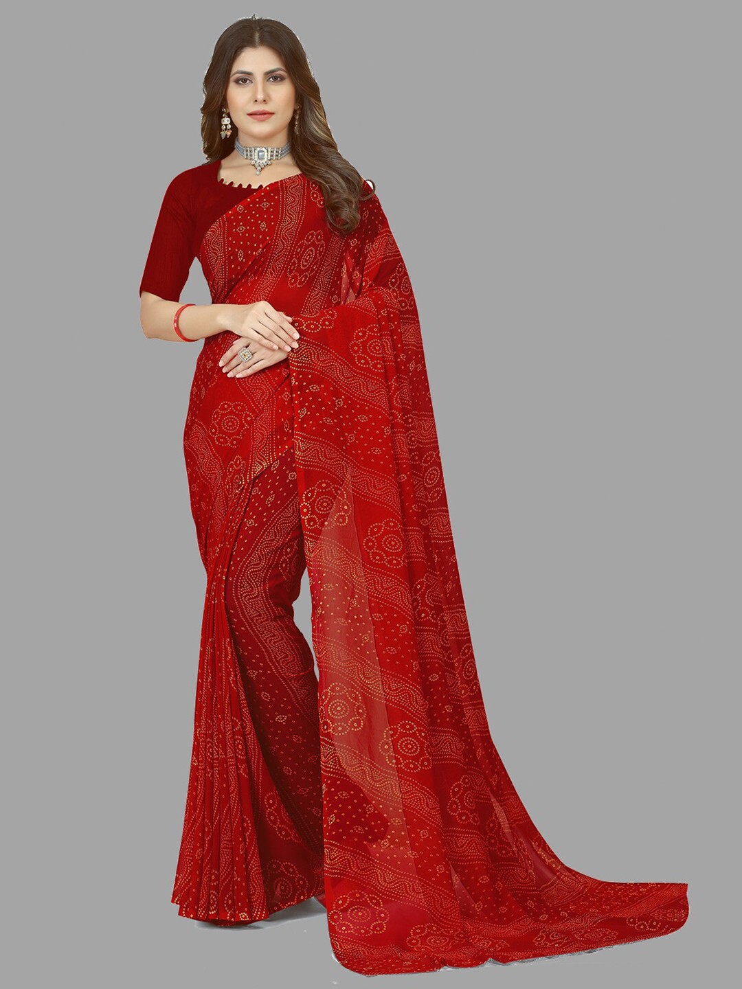 

B Bella Creation Bandhani Printed Pure Georgette Saree, Red