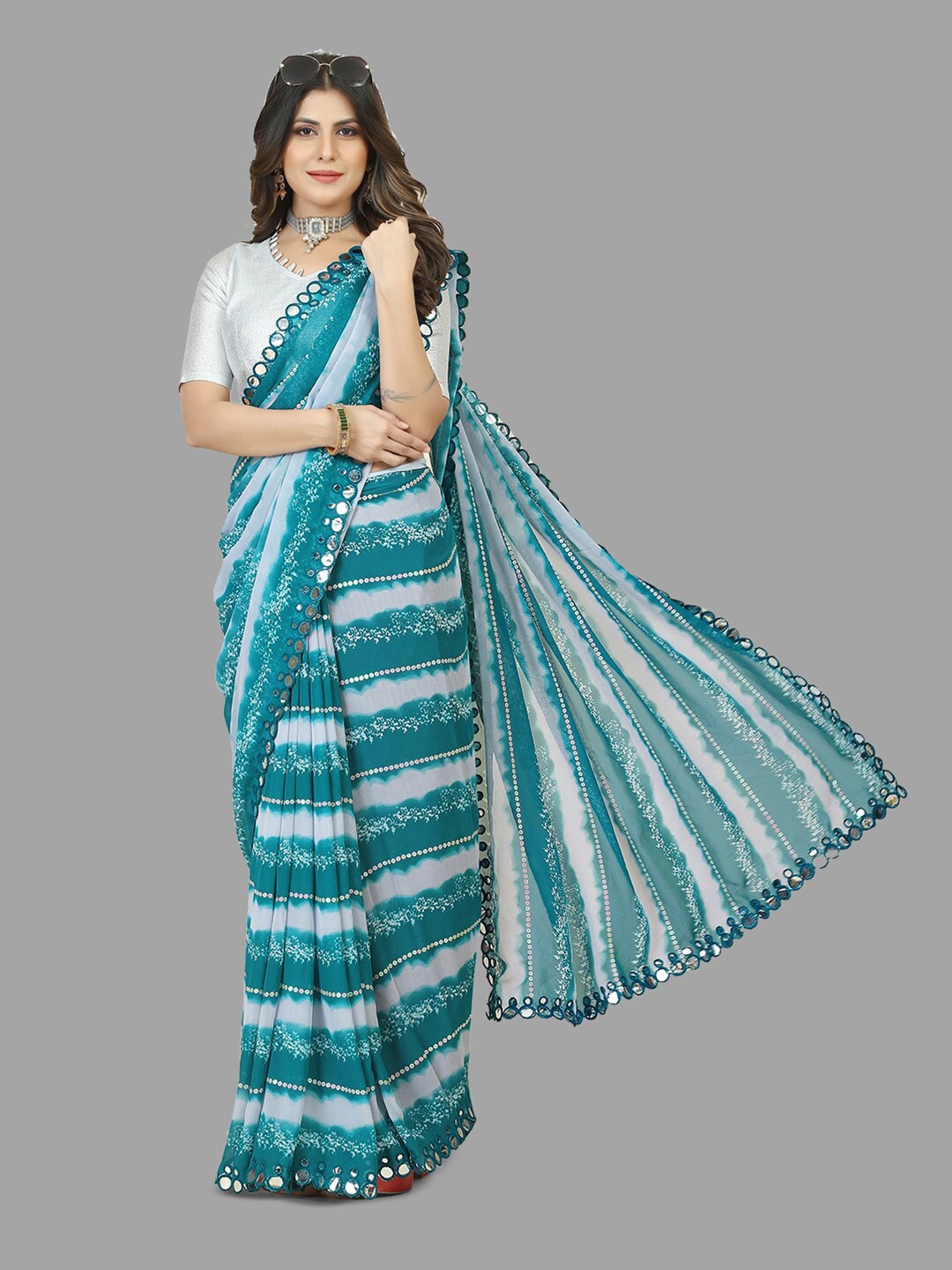 

B Bella Creation Leheriya Printed Mirror Work Pure Georgette Saree, Turquoise blue