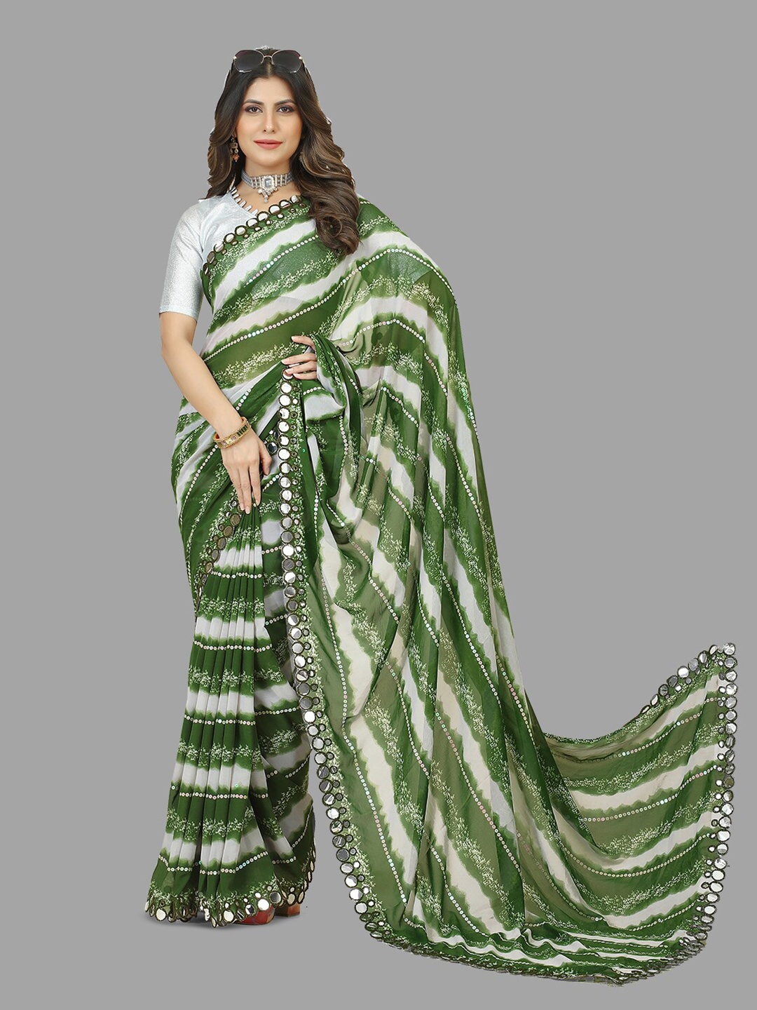 

B Bella Creation Leheriya Printed Mirror Work Pure Georgette Saree, Green