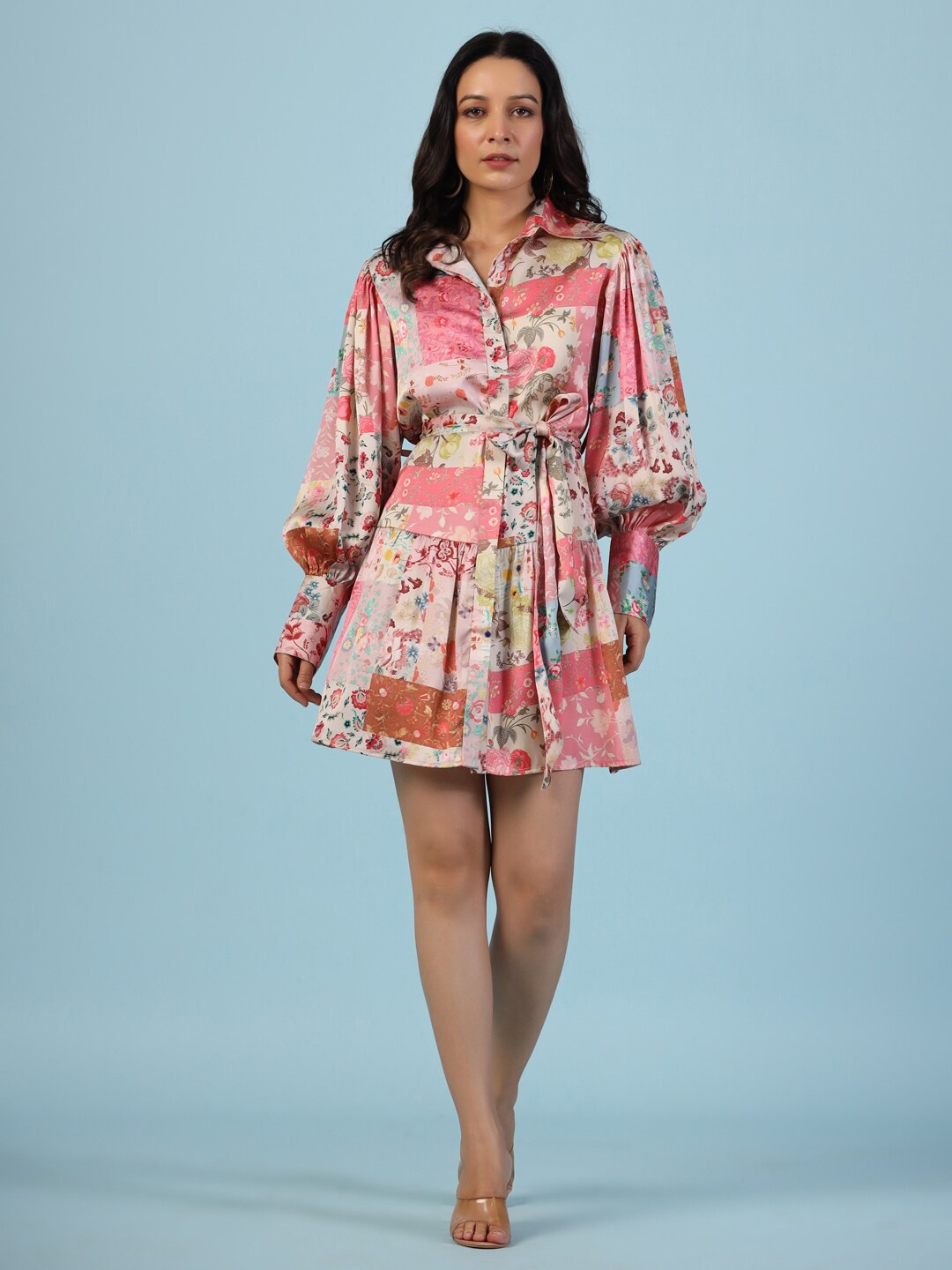 

ETC Pink Floral Print Cuffed Sleeves Satin Fit & Flare Dress