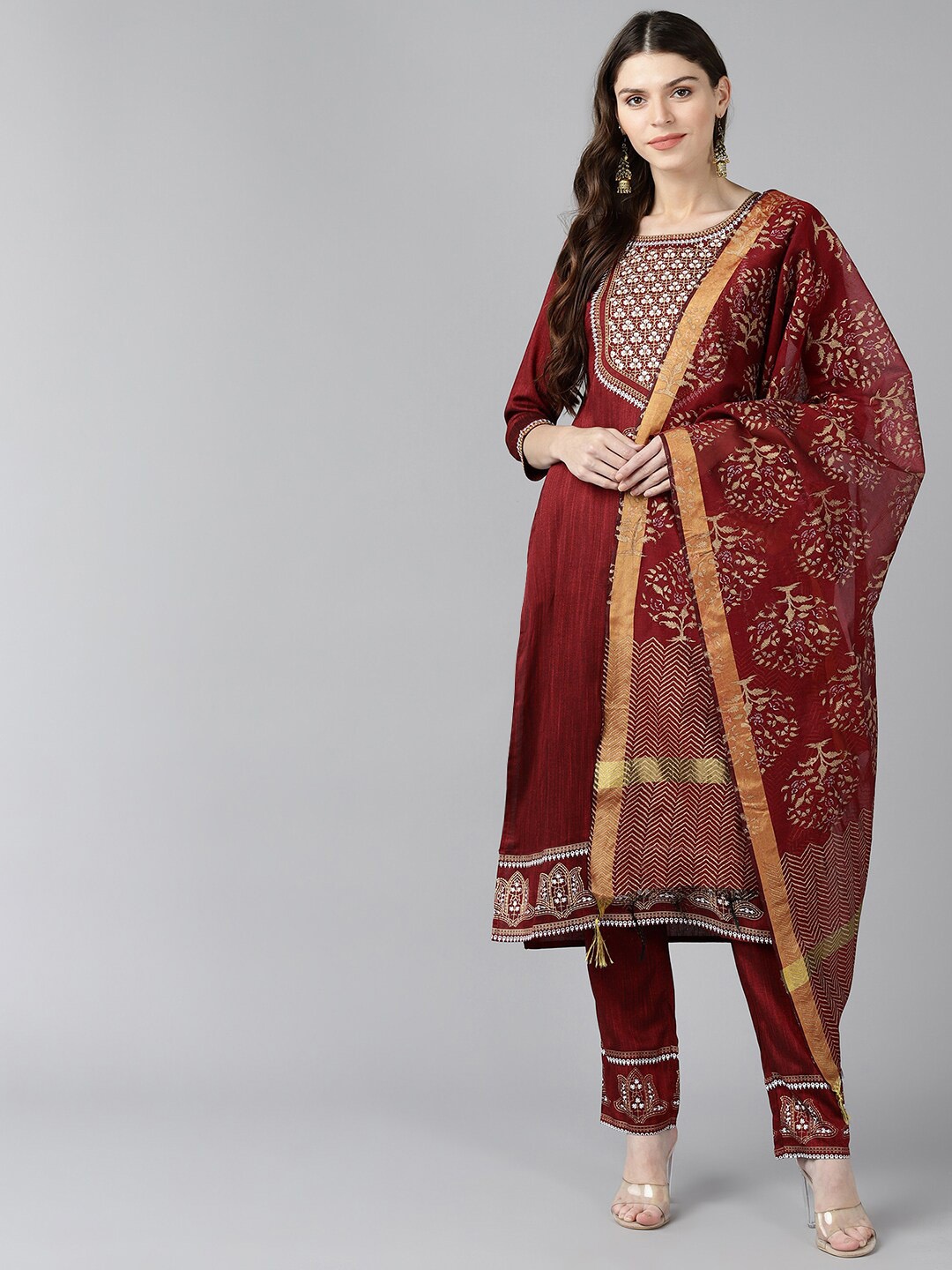 

BAESD Embroidered Straight Regular Liva Kurta with Trousers & With Dupatta, Red