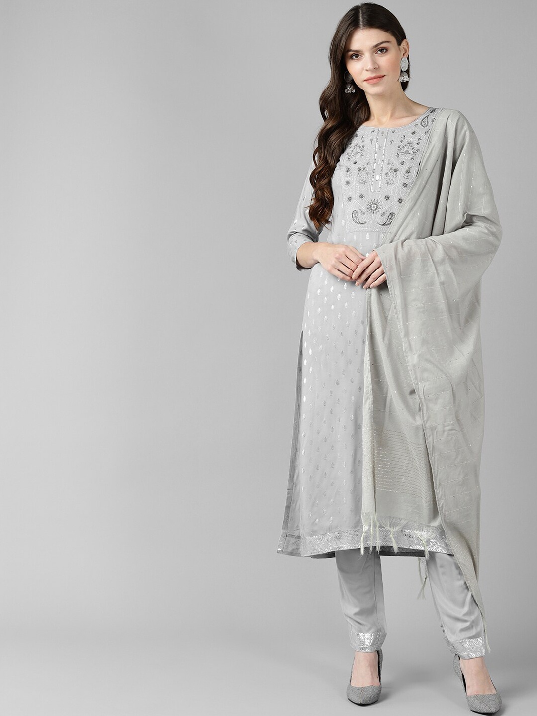 

BAESD Embroidered Regular Liva Straight Kurta with Trousers & With Dupatta, Grey