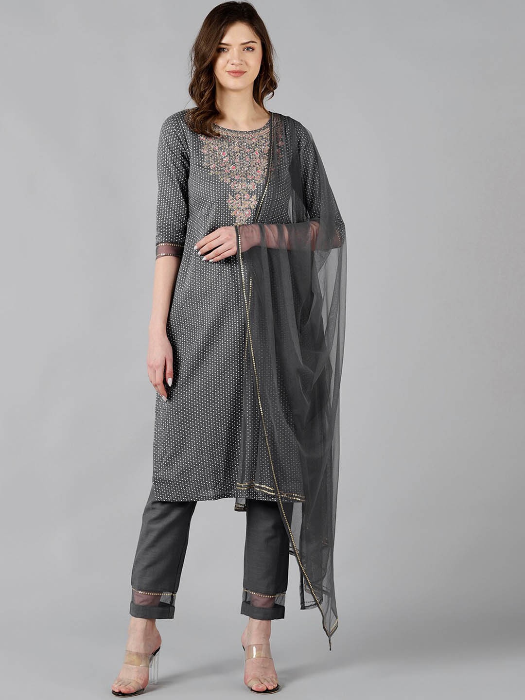 

BAESD Embroidered Regular Liva Straight Kurta with Trousers & With Dupatta, Grey