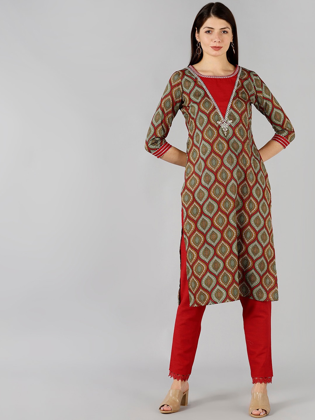 

BAESD Embroidered Regular Pure Cotton Straight Kurta with Trousers & With Dupatta, Red